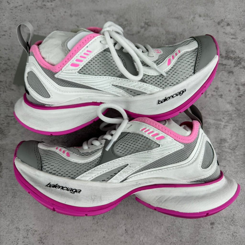Balenciaga unisex sneakers, white with gray mesh and bright pink trim, lace-up