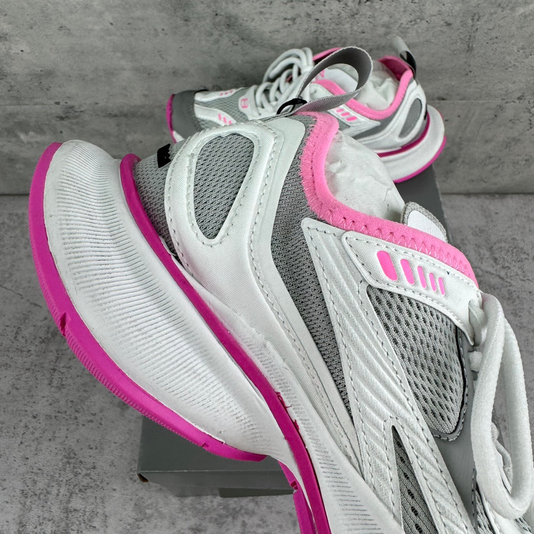 Balenciaga lace-up sneakers with white leather panels, gray mesh, and pink piping
