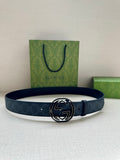 Gucci belt in dark blue with patterned strap and round double-G buckle
