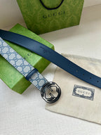 Gucci belt with blue GG canvas and dark blue leather strap, silver interlocking G buckle
