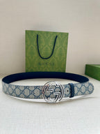 Gucci belt with blue GG canvas strap, dark blue leather edge, silver interlocking G buckle