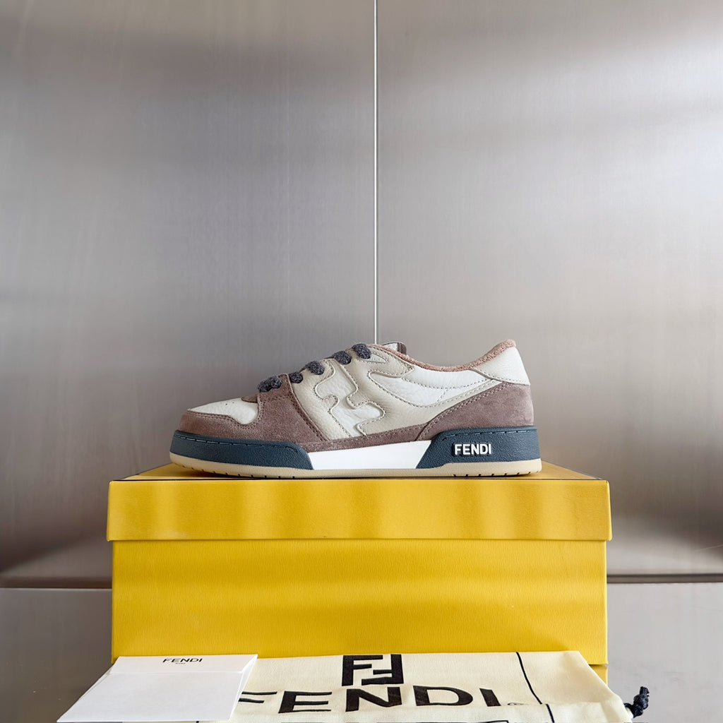 Fendi sneakers: cream, brown and dark blue color-block design with lace-up front