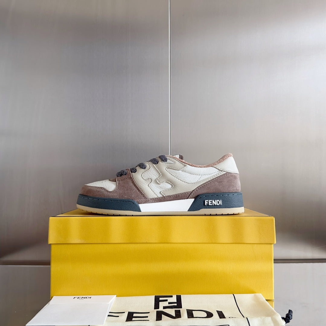 Fendi sneakers: cream, brown and dark blue color-block design with lace-up front