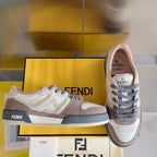 Fendi lace-up sneakers with cream leather, brown paneling and dark blue stripes