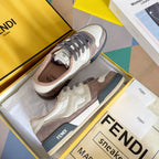 Fendi unisex sneakers with cream leather, brown overlays and dark blue heel panel