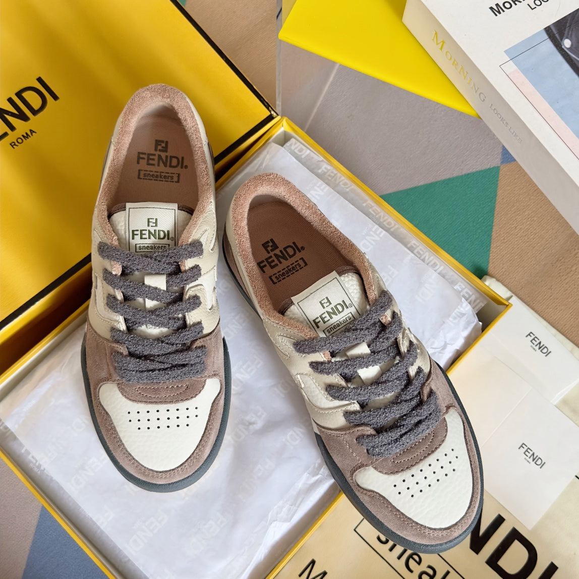 Fendi unisex sneakers in cream, brown and dark blue with lace-up closure