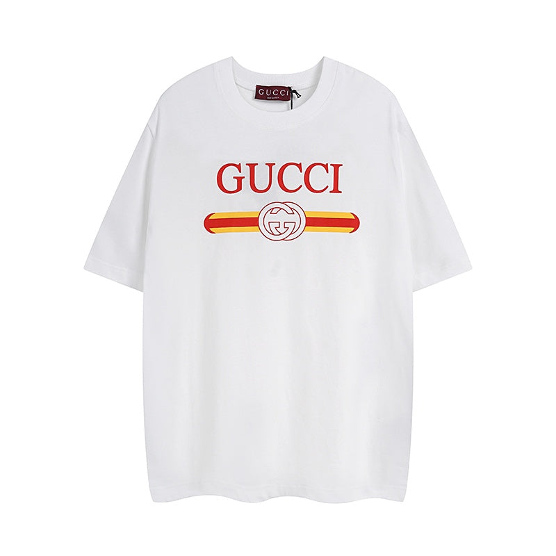 White Gucci T-shirt with red “GUCCI” logo and striped graphic at chest