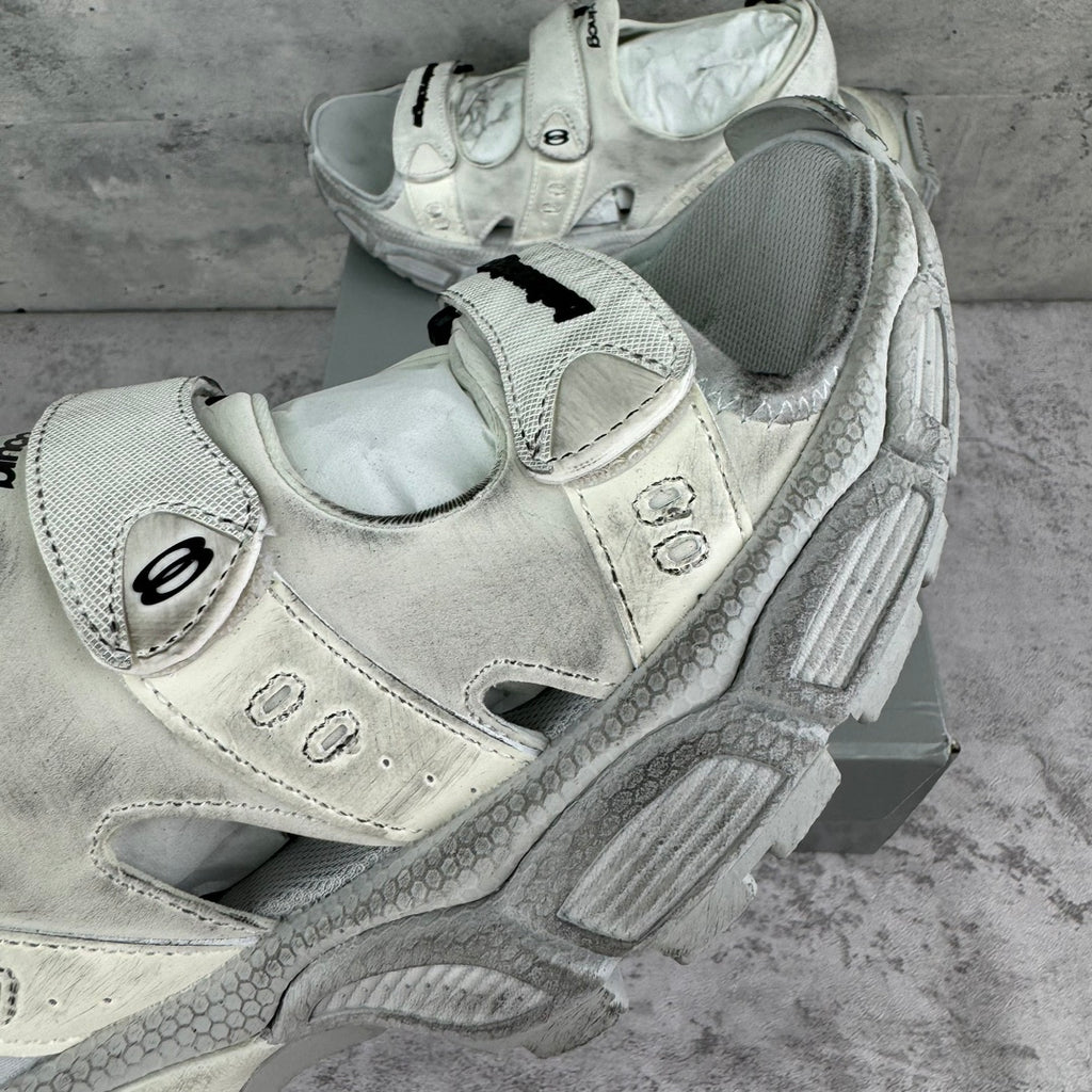Balenciaga unisex sneaker with mesh side panels, light gray suede upper and strap