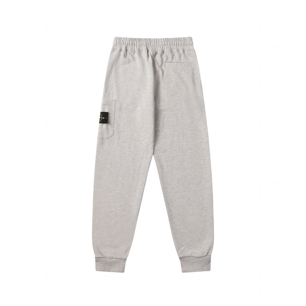 Light gray sweatpants with elastic waist and side pocket detail