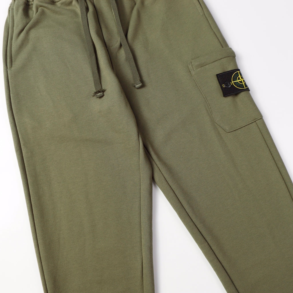 Olive cargo joggers showing drawstring and right side pocket detail
