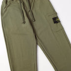 Olive cargo joggers showing drawstring and right side pocket detail