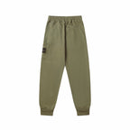 Olive drawstring cargo joggers with side pockets and ribbed cuffs