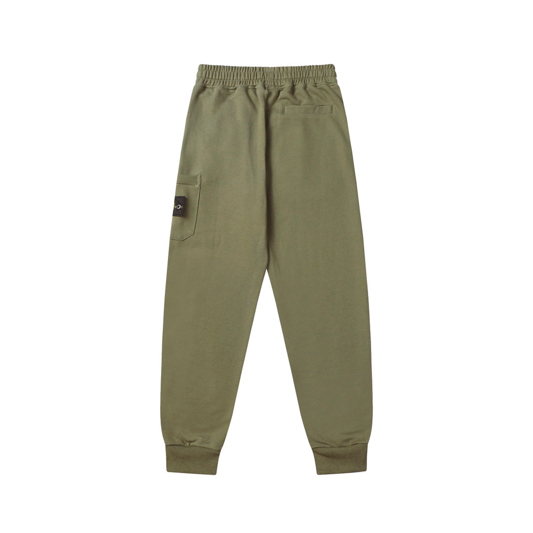 Olive drawstring cargo joggers with side pockets and ribbed cuffs