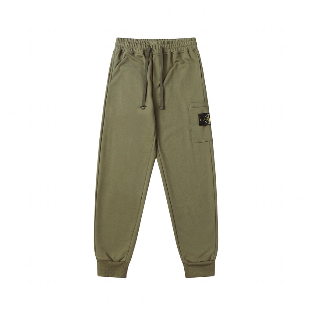 Olive drawstring cargo joggers with tapered legs and ribbed ankle cuffs