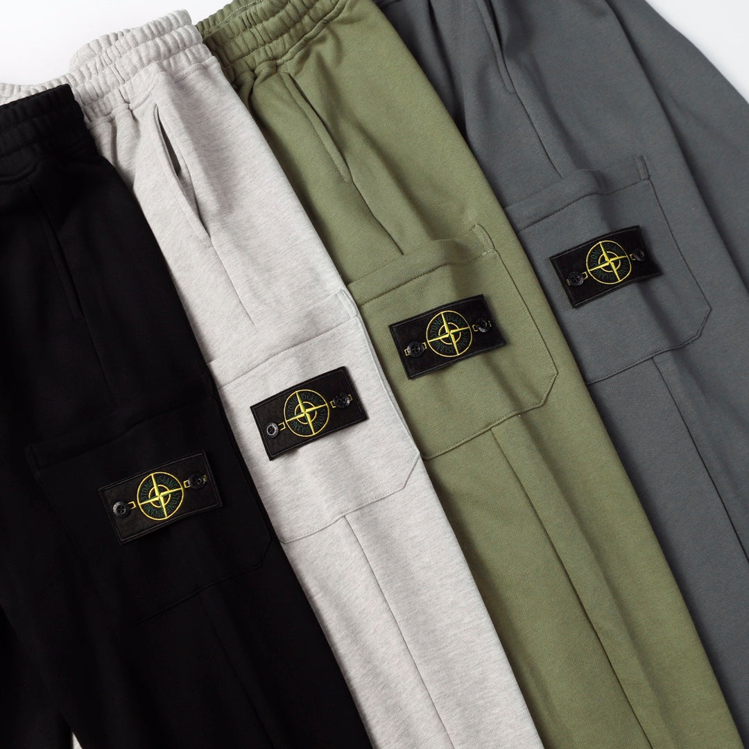 Set of drawstring cargo joggers in black, white, and olive with side patches