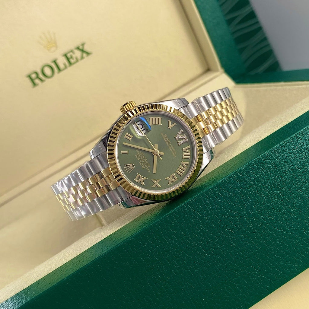 Rolex watch with two-tone bracelet and dark green dial, gold bezel, Roman numerals