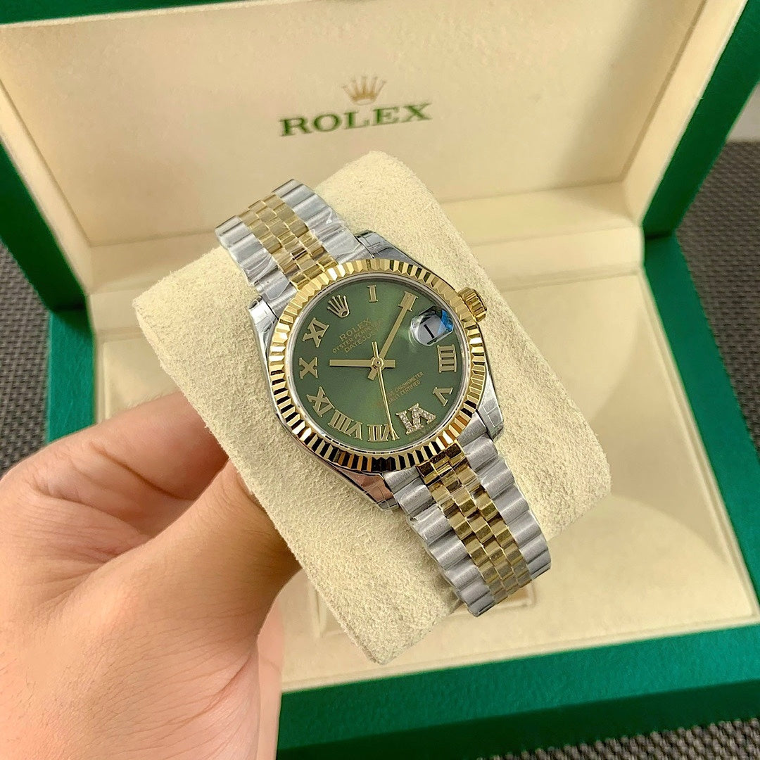 Rolex watch with two-tone gold and silver bracelet, green dial, Roman numerals