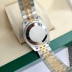 Rolex watch caseback view with two-tone gold-and-silver bracelet and crown