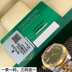 Rolex watch with green dial and purchase card label in box