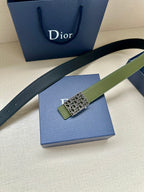Dior belt diagonal view: olive strap with gold-tone Dior monogram square buckle