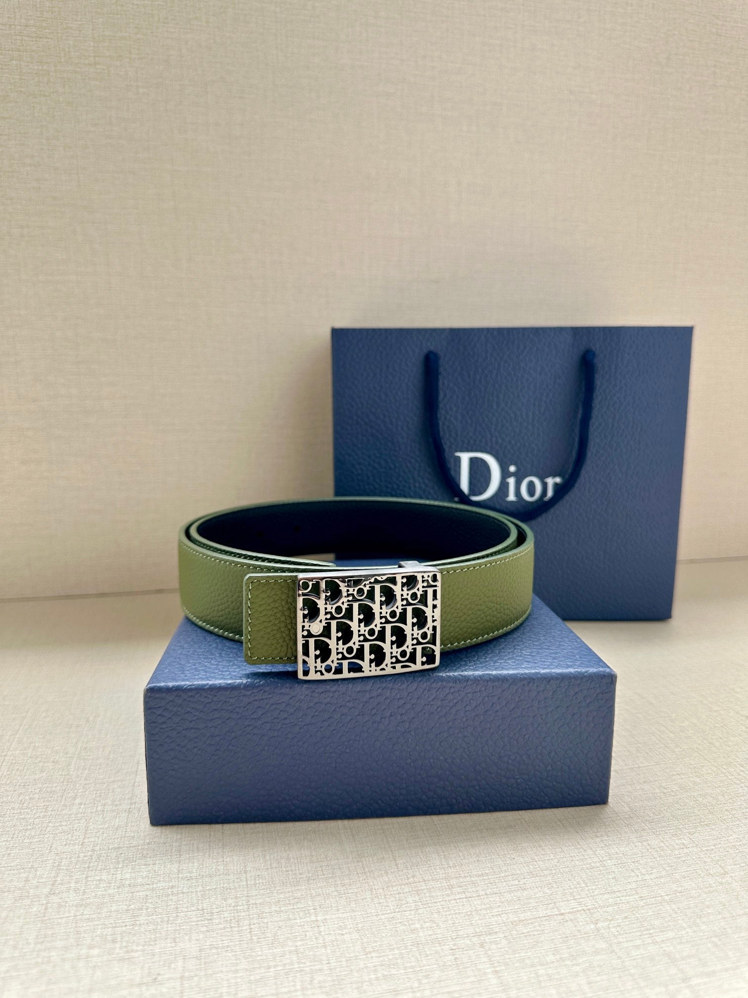 Dior belt, olive green leather band with gold square Dior monogram buckle