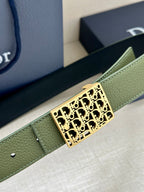 Dior belt close-up: olive strap with gold square buckle featuring Dior monogram