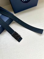 Dior belt straps with square monogram buckle and punched holes on dark leather.