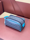 Louis Vuitton toiletry bag with monogram print, blue trim, zip top and strap