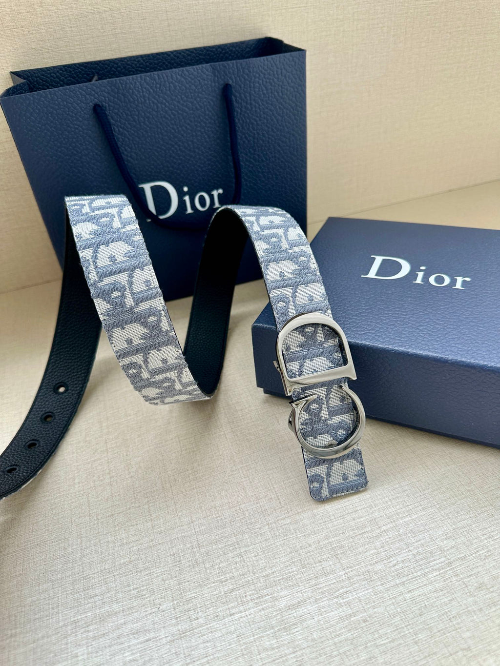 Dior belt with light-blue logo strap, silver buckle, and black leather underside