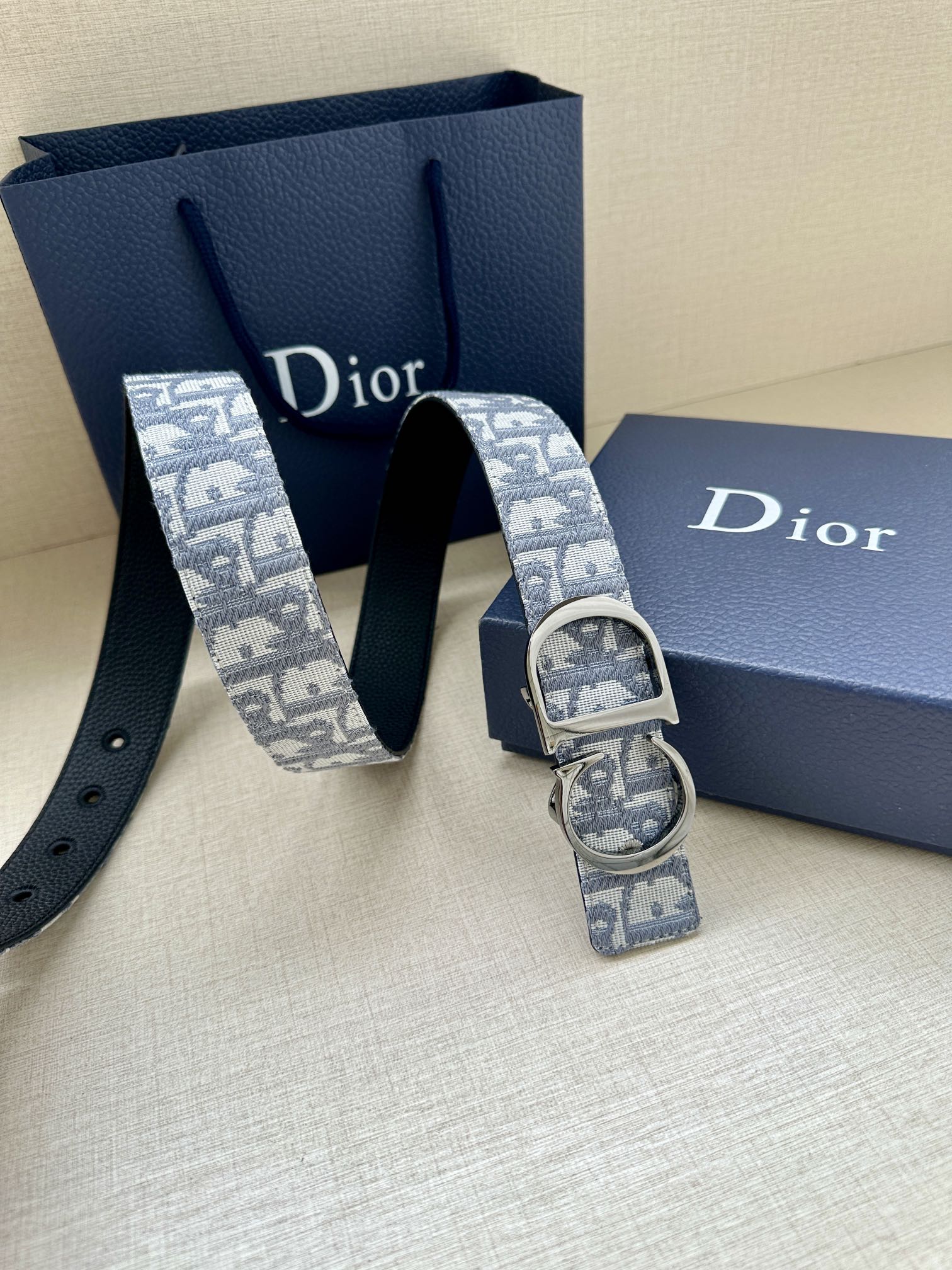 Dior belt with light-blue logo strap, silver buckle, and black leather underside