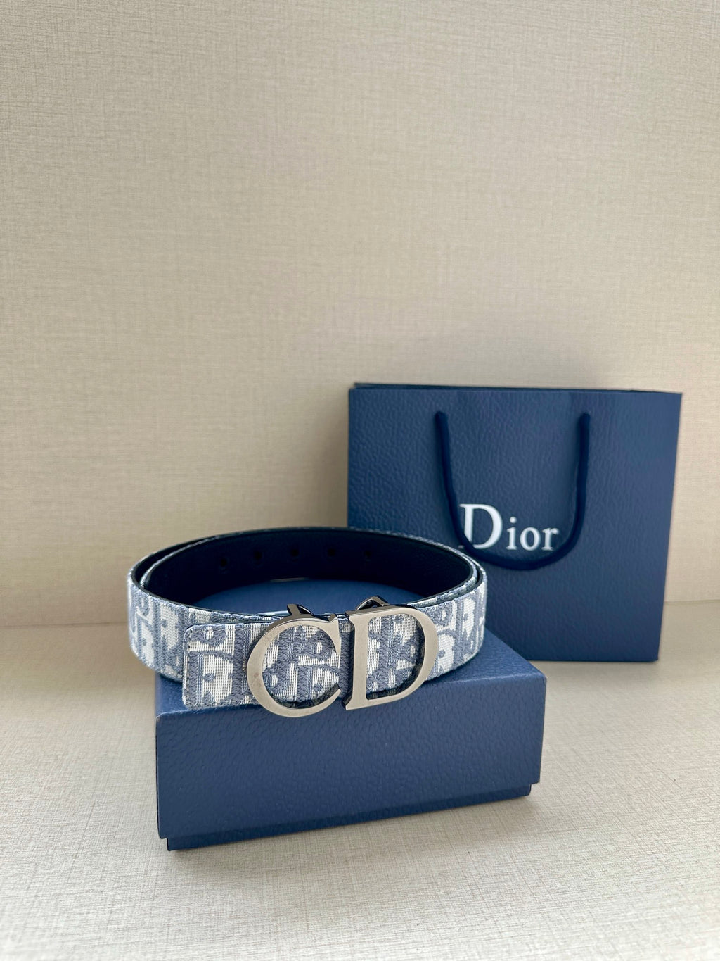 Dior patterned belt with silver CD buckle and light-blue logo band