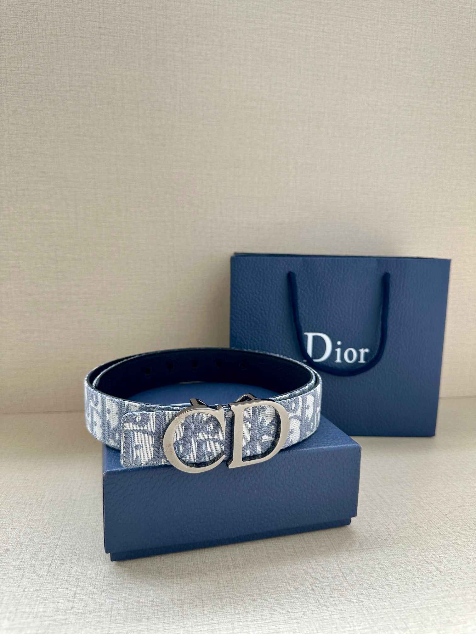 Dior patterned belt with silver CD buckle and light-blue logo band