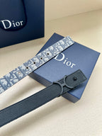 Dior belt with blue patterned strap and dark leather keeper, silver buckle