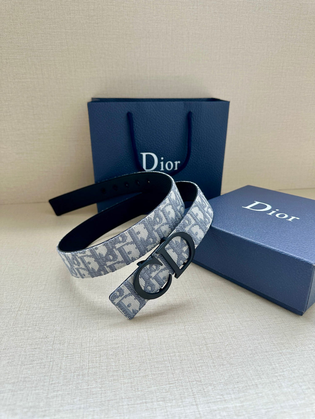 Dior belt with blue patterned strap and large dark buckle