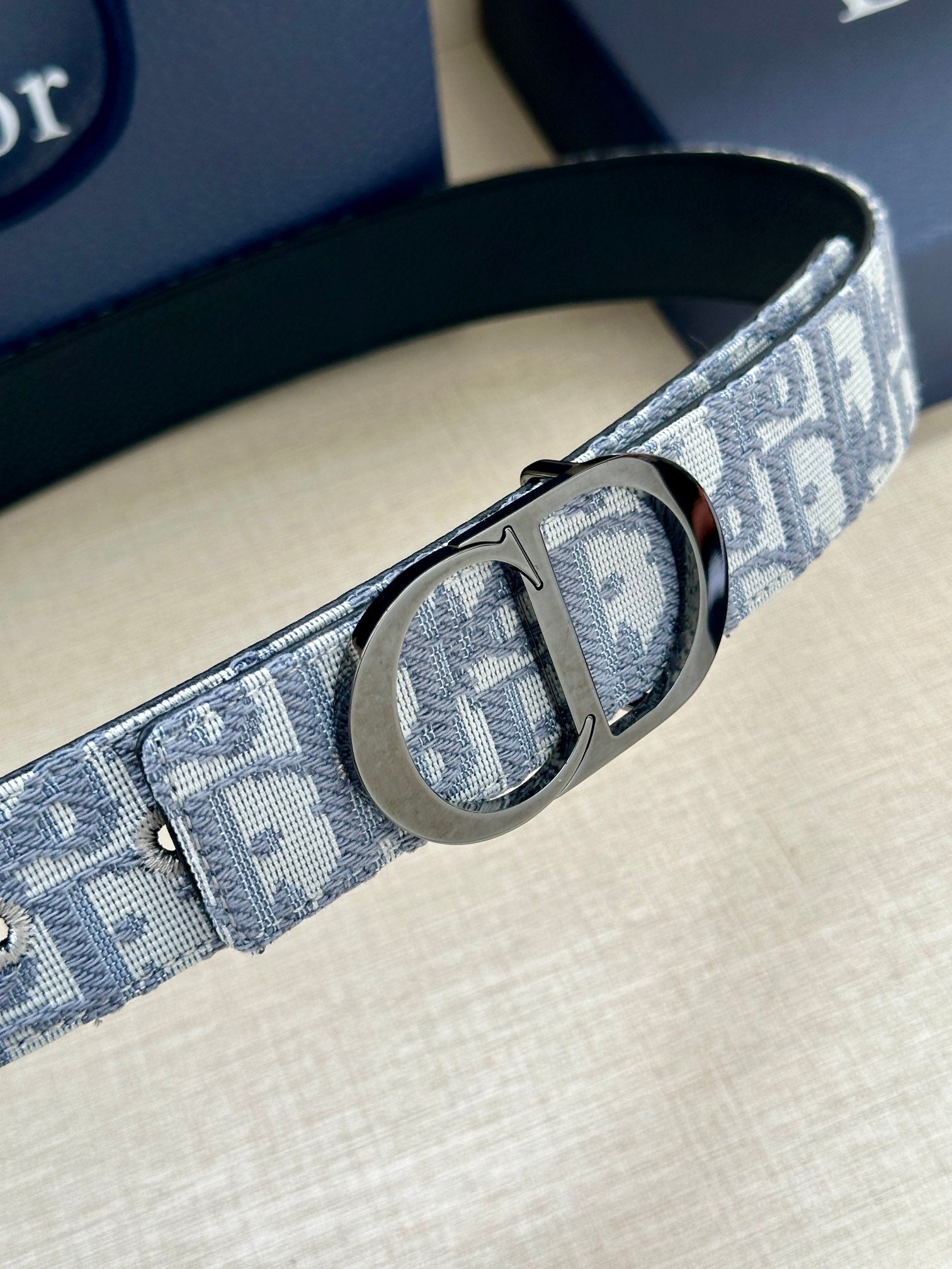 Dior belt close-up: patterned canvas strap with oval silver buckle detail