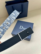 Dior leather belt with dark blue strap, silver rectangular buckle
