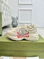 Gucci unisex off-white sneakers on green boxes, side logo with red lettering