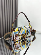 Baguette-style shoulder bag with FF logo canvas, brown strap and gold-tone hardware