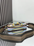 Small crossbody bag with stacked view, FF pattern, brown leather trim and strap