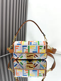 Fendi baguette-style shoulder bag with multicolor FF logo, tan trim and gold clasp