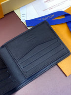 Small leather wallet with embossed logo on card slot panel, stitched borders