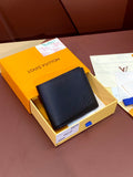 Small leather wallet with embossed logo, folded design, dark navy color
