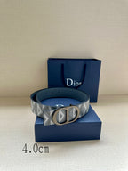 Dior belt with blue strap and repeating 'D' pattern, oval D buckle