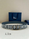 Dior belt with blue-gray strap and repeating 'D' pattern, oval D buckle