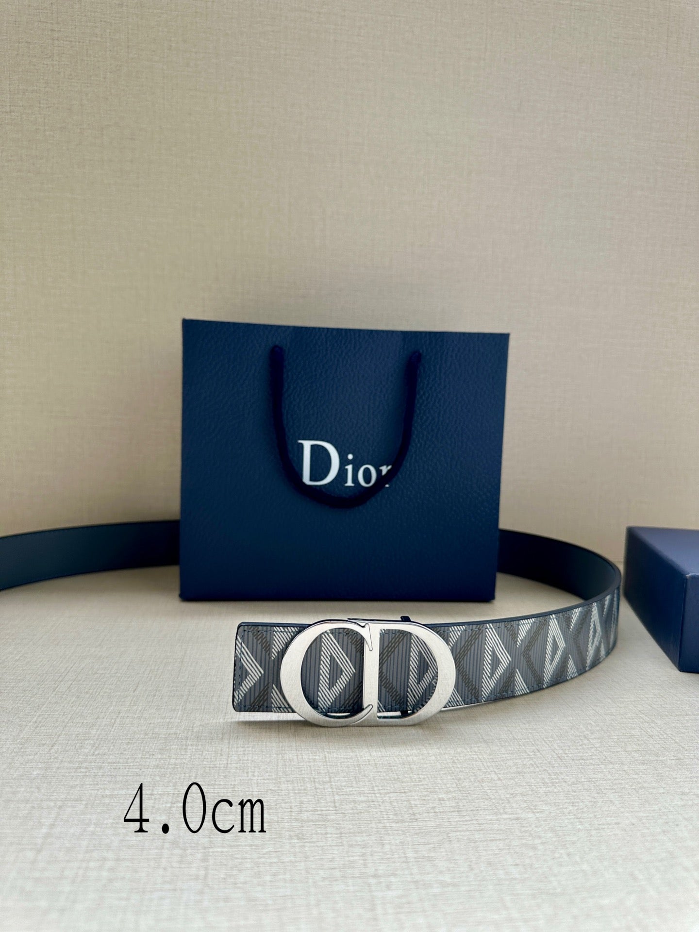 Dior belt with gray geometric strap and round logo buckle, smooth leather