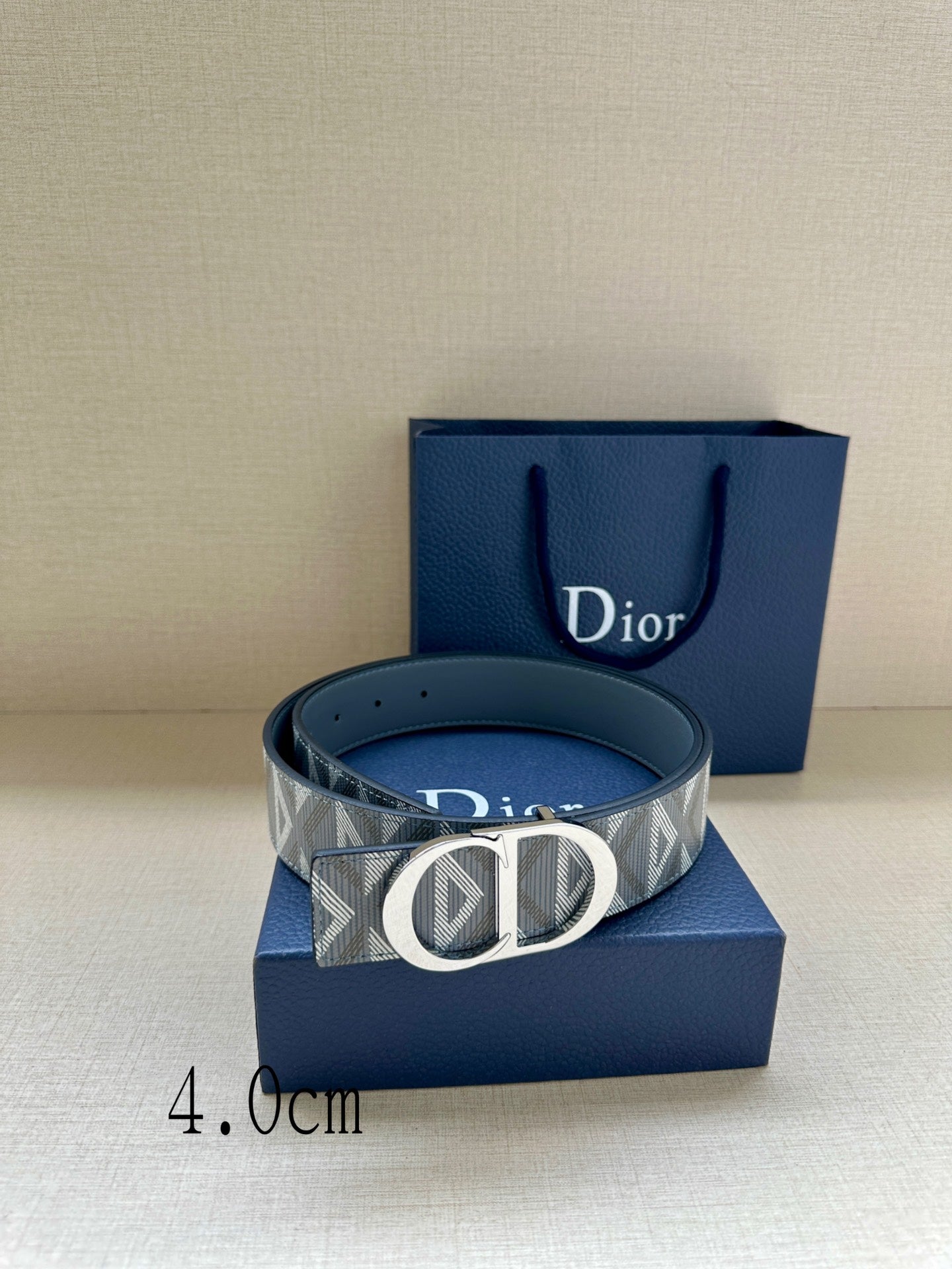 Dior belt with gray geometric strap, round logo buckle, and blue leather backing