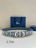 Dior belt with gray geometric strap and round logo buckle, textured leather