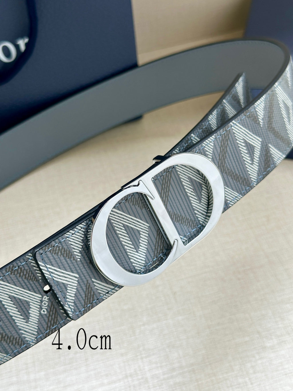 Dior belt close-up of geometric strap and oval logo buckle, metallic finish