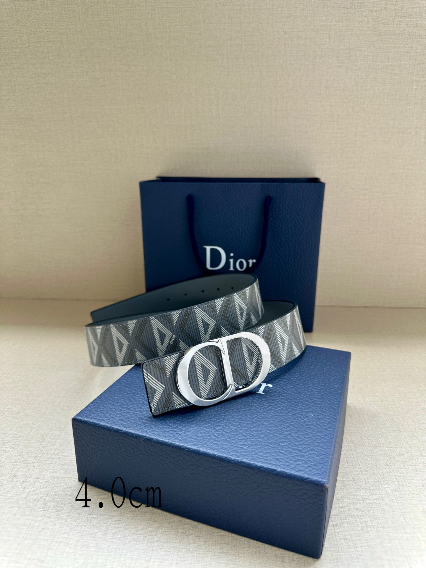 Dior belt with gray geometric strap and round logo buckle, textured blue leather