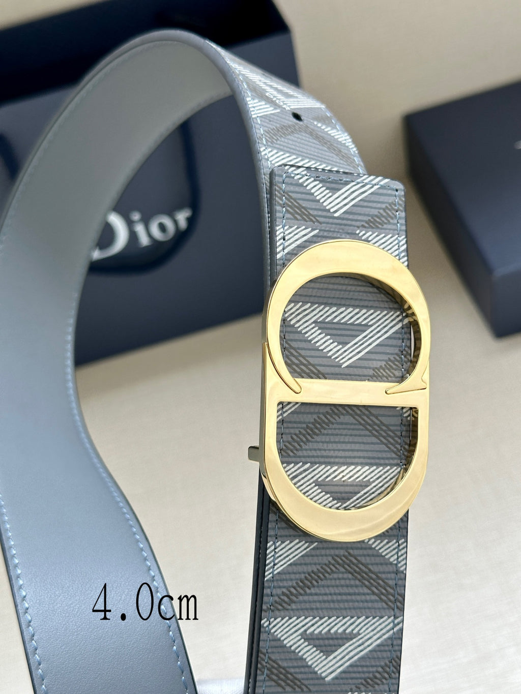 Designer belt by Dior in gray-blue with patterned strap and gold CD buckle.